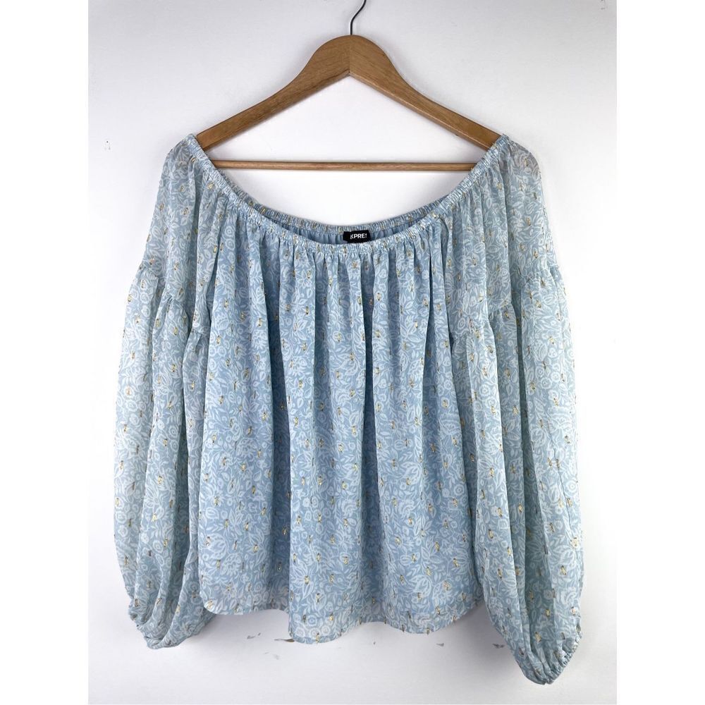 NWT Express Off the Shoulder Blue and Gold Metallic Peasant Top Size